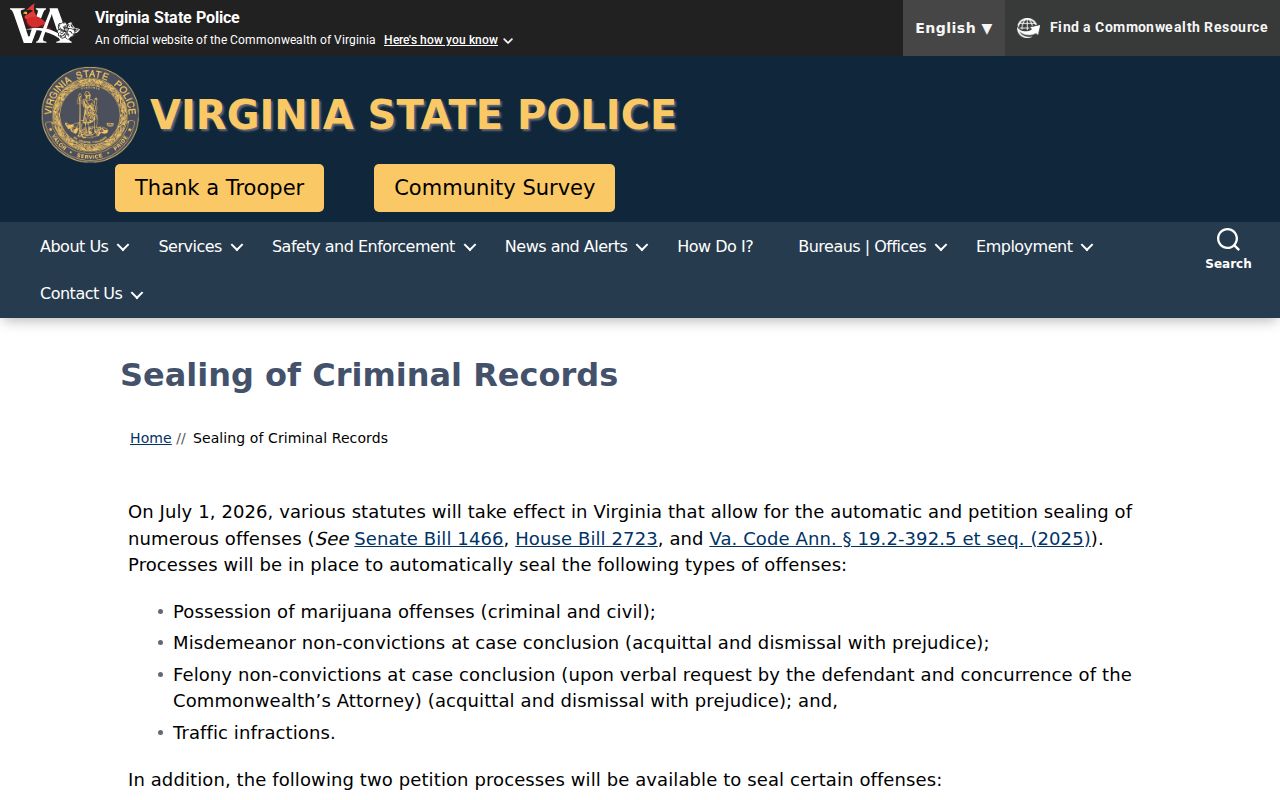 Virginia sealing rules for Dinwiddie County criminal records