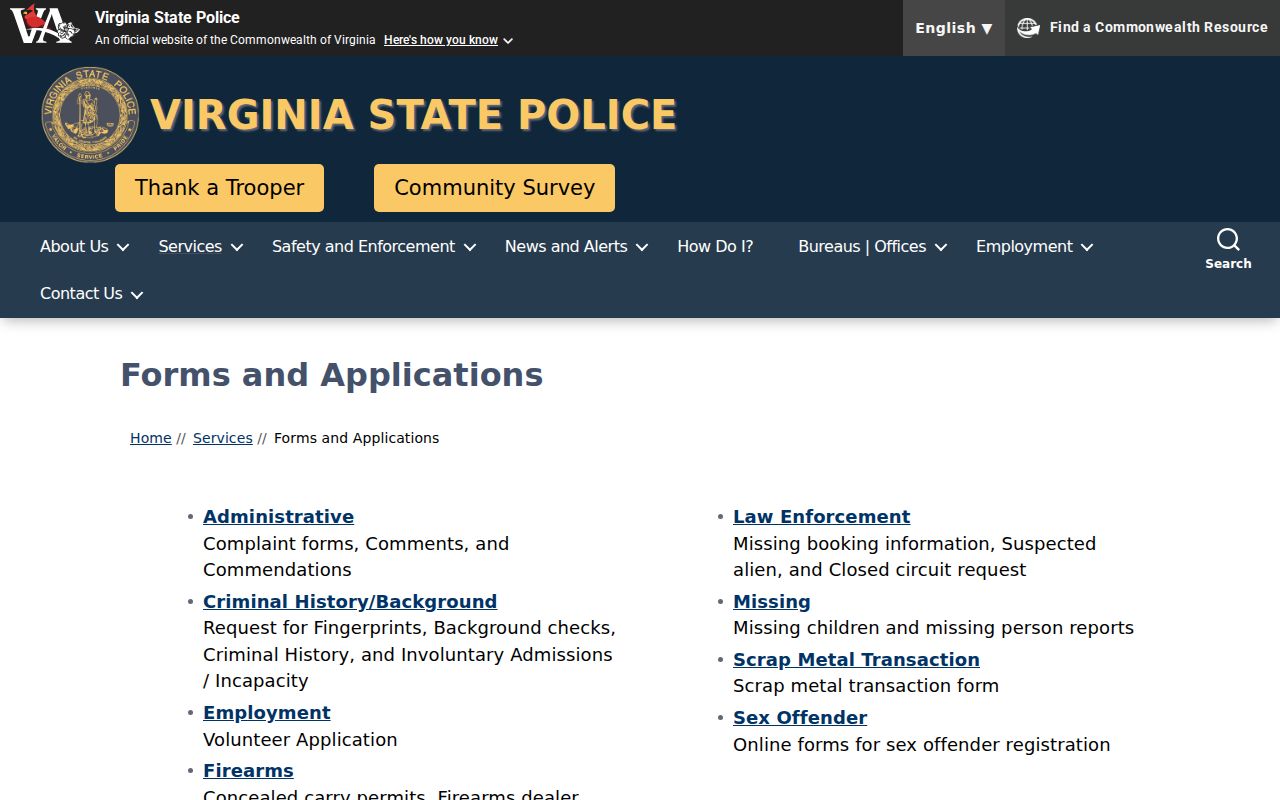 Virginia State Police forms for Dinwiddie County registry notifications